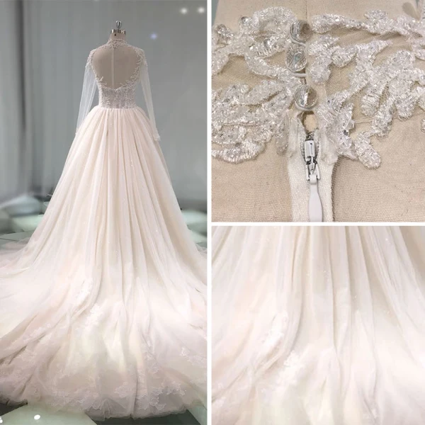 Luxe Champagne Transparentes Fait main Robe De Mariée 2019 Princesse Col Haut Manches Longues Perlage Glitter Tulle Cathedral Train Volants