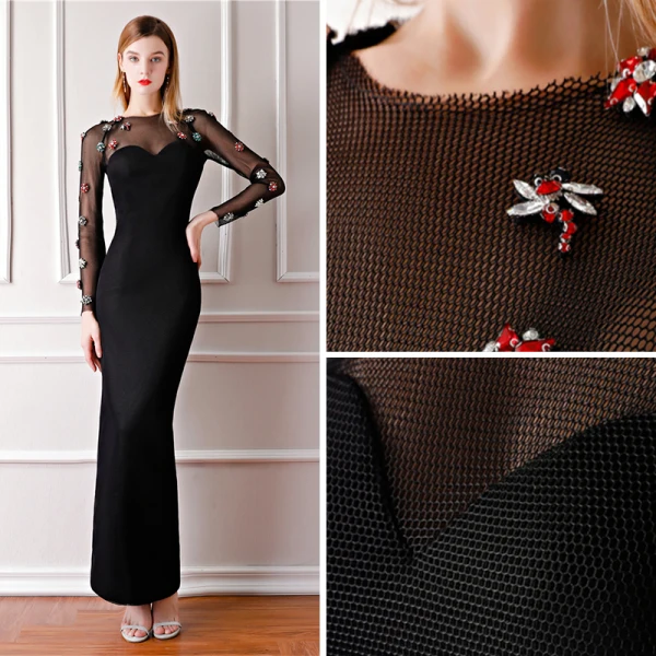 Élégant Noire Transparentes Robe De Soirée 2019 Trompette / Sirène Encolure Dégagée Manches Longues Perlage Longueur Cheville Robe De Ceremonie