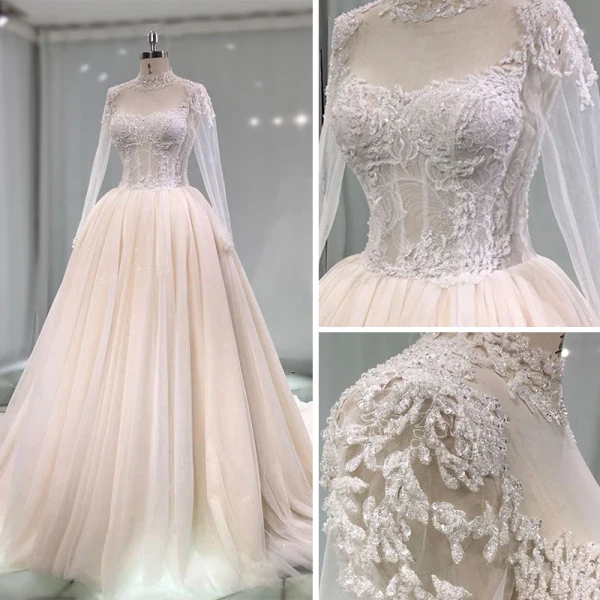 Luxe Champagne Transparentes Fait main Robe De Mariée 2019 Princesse Col Haut Manches Longues Perlage Glitter Tulle Cathedral Train Volants