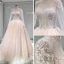 Luxe Champagne Transparentes Fait main Robe De Mariée 2019 Princesse Col Haut Manches Longues Perlage Glitter Tulle Cathedral Train Volants