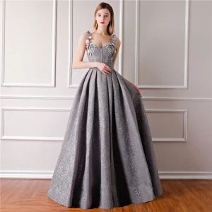 Moderne Mode Gris Robe De Soirée 2019 Princesse Sans Manches Épaules Fleur Faux Diamant Perle Longue Volants Dos Nu Robe De Ceremonie
