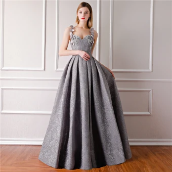 Modern Fashion Grey Evening Dresses 2019 A Line Princess Sleeveless Shoulders Flower Rhinestone Pearl Floor Length Long Ruffle Backless Formal Dresses