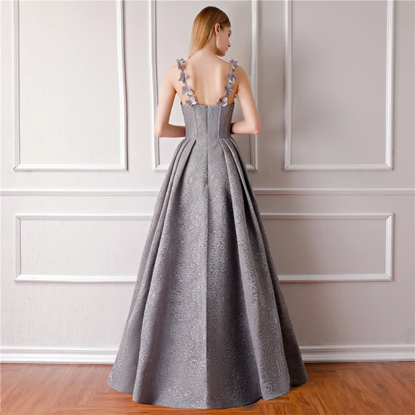 Modern / Fashion Grey Evening Dresses 2019 A-Line / Princess Sleeveless Shoulders Flower Rhinestone Pearl Floor-Length / Long Ruffle Backless Formal Dresses