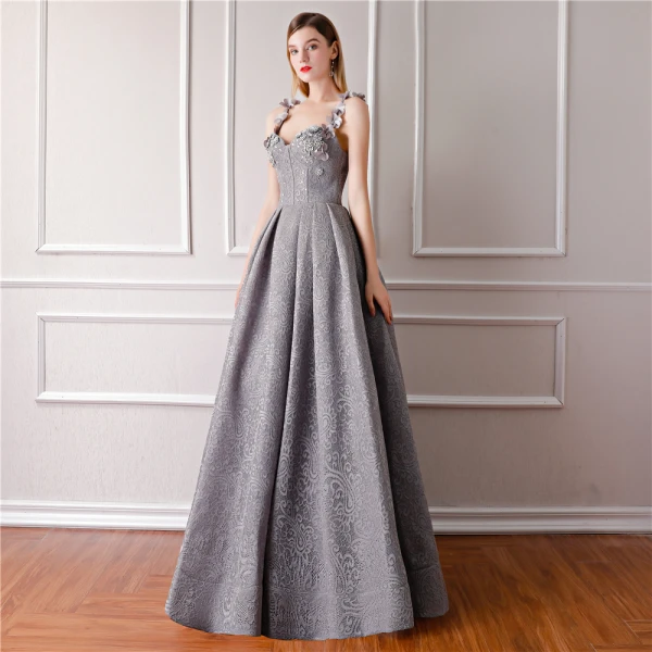 Modern / Fashion Grey Evening Dresses 2019 A-Line / Princess Sleeveless Shoulders Flower Rhinestone Pearl Floor-Length / Long Ruffle Backless Formal Dresses