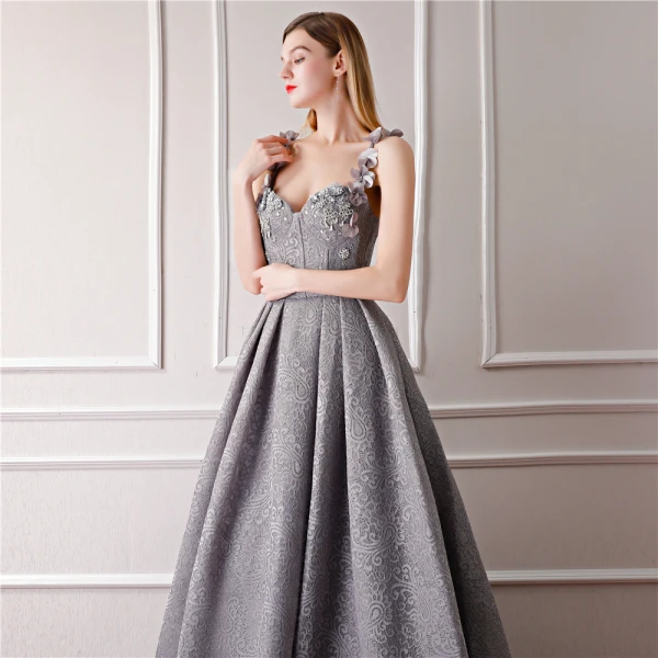 Modern / Fashion Grey Evening Dresses 2019 A-Line / Princess Sleeveless Shoulders Flower Rhinestone Pearl Floor-Length / Long Ruffle Backless Formal Dresses