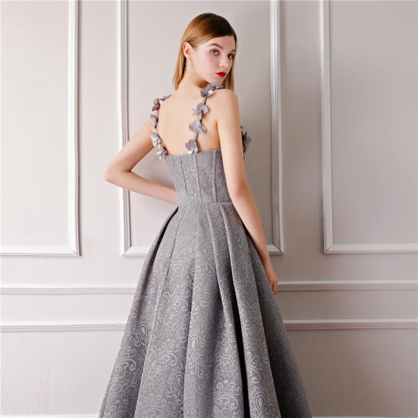 Modern / Fashion Grey Evening Dresses 2019 A-Line / Princess Sleeveless Shoulders Flower Rhinestone Pearl Floor-Length / Long Ruffle Backless Formal Dresses