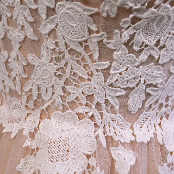 Élégant Champagne Transparentes Jardin / Extérieur Robe De Mariée 2019 Princesse V-Cou Sans Manches Appliques En Dentelle Train De Balayage Volants