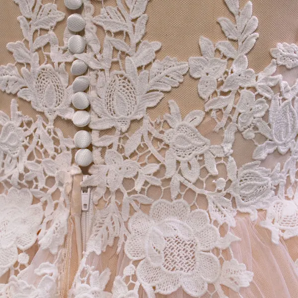 Élégant Champagne Transparentes Jardin / Extérieur Robe De Mariée 2019 Princesse V-Cou Sans Manches Appliques En Dentelle Train De Balayage Volants
