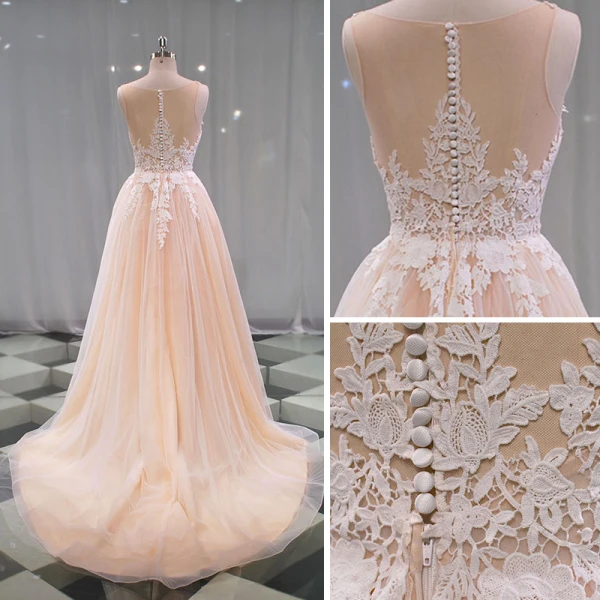 Élégant Champagne Transparentes Jardin / Extérieur Robe De Mariée 2019 Princesse V-Cou Sans Manches Appliques En Dentelle Train De Balayage Volants