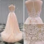 Élégant Champagne Transparentes Jardin / Extérieur Robe De Mariée 2019 Princesse V-Cou Sans Manches Appliques En Dentelle Train De Balayage Volants