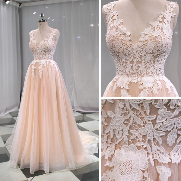 Élégant Champagne Transparentes Jardin / Extérieur Robe De Mariée 2019 Princesse V-Cou Sans Manches Appliques En Dentelle Train De Balayage Volants