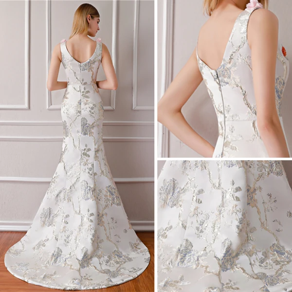 Elegante Ivory / Creme Abendkleider 2019 Meerjungfrau V-Ausschnitt Ärmellos Stickerei Perlenstickerei Sweep / Pinsel Zug Rüschen Rückenfreies Festliche Kleider