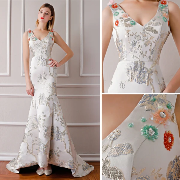 Elegante Ivory / Creme Abendkleider 2019 Meerjungfrau V-Ausschnitt Ärmellos Stickerei Perlenstickerei Sweep / Pinsel Zug Rüschen Rückenfreies Festliche Kleider