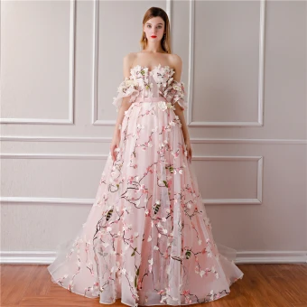 Flower Fairy Blushing Pink Prom Dresses 2019 A Line Princess Sweetheart Puffy Short Sleeve Sash Appliques Flower Court Train Backless Ruffle Formal Dresses