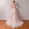 Flower Fairy Blushing Pink Prom Dresses 2019 A-Line / Princess Sweetheart Puffy Short Sleeve Sash Appliques Flower Court Train Backless Ruffle Formal Dresses