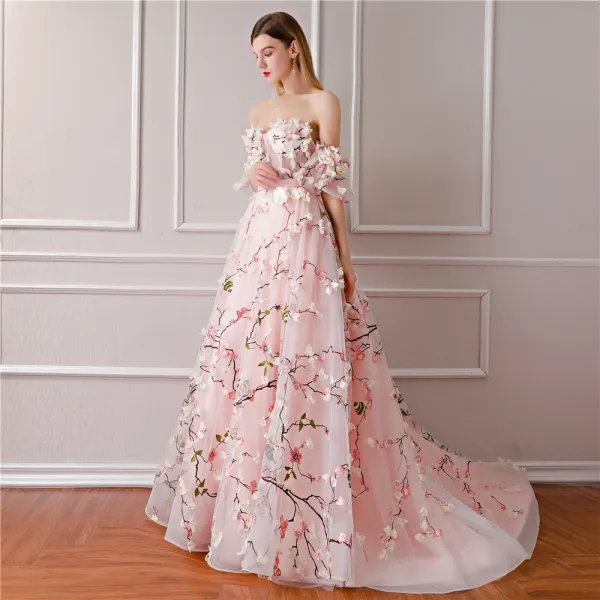 Flower Fairy Blushing Pink Prom Dresses 2019 A Line Princess Sweetheart Puffy Short Sleeve Sash Appliques Flower Court Train Backless Ruffle Formal Dresses