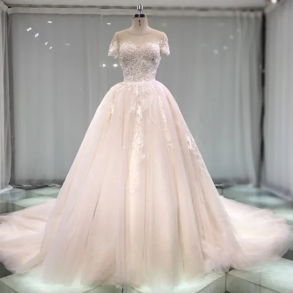 Edles Champagner Durchsichtige Brautkleider / Hochzeitskleider 2019 A Linie Rundhalsausschnitt Kurze Ärmel Rückenfreies Applikationen Spitze Perlenstickerei Kathedrale Schleppe