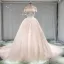Edles Champagner Durchsichtige Brautkleider / Hochzeitskleider 2019 A Linie Rundhalsausschnitt Kurze Ärmel Rückenfreies Applikationen Spitze Perlenstickerei Kathedrale Schleppe