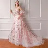 Flower Fairy Blushing Pink Prom Dresses 2019 A-Line / Princess Sweetheart Puffy Short Sleeve Sash Appliques Flower Court Train Backless Ruffle Formal Dresses
