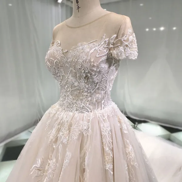 Edles Champagner Durchsichtige Brautkleider / Hochzeitskleider 2019 A Linie Rundhalsausschnitt Kurze Ärmel Rückenfreies Applikationen Spitze Perlenstickerei Kathedrale Schleppe
