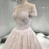 Classy Champagne See-through Wedding Dresses 2019 A-Line / Princess Scoop Neck Short Sleeve Backless Appliques Lace Beading Cathedral Train
