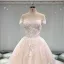 Edles Champagner Durchsichtige Brautkleider / Hochzeitskleider 2019 A Linie Rundhalsausschnitt Kurze Ärmel Rückenfreies Applikationen Spitze Perlenstickerei Kathedrale Schleppe