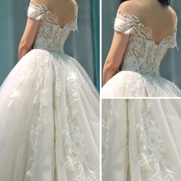 Edles Champagner Durchsichtige Brautkleider / Hochzeitskleider 2019 A Linie Rundhalsausschnitt Kurze Ärmel Rückenfreies Applikationen Spitze Perlenstickerei Kathedrale Schleppe