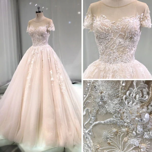 Edles Champagner Durchsichtige Brautkleider / Hochzeitskleider 2019 A Linie Rundhalsausschnitt Kurze Ärmel Rückenfreies Applikationen Spitze Perlenstickerei Kathedrale Schleppe
