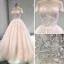Edles Champagner Durchsichtige Brautkleider / Hochzeitskleider 2019 A Linie Rundhalsausschnitt Kurze Ärmel Rückenfreies Applikationen Spitze Perlenstickerei Kathedrale Schleppe