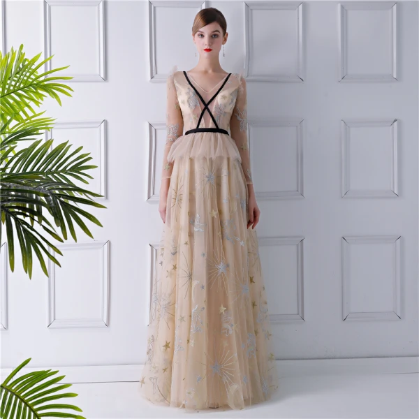 Sexy Beige See-through Evening Dresses 2019 A-Line / Princess V-Neck Long Sleeve Embroidered Floor-Length / Long Ruffle Backless Formal Dresses
