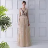 Sexy Beige See-through Evening Dresses  2019 A-Line / Princess V-Neck Long Sleeve Embroidered Floor-Length / Long Ruffle Backless Formal Dresses