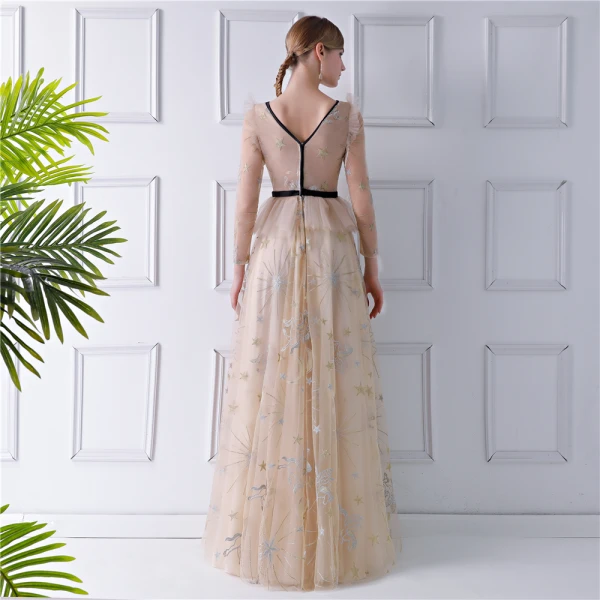 Sexy Beige See-through Evening Dresses 2019 A-Line / Princess V-Neck Long Sleeve Embroidered Floor-Length / Long Ruffle Backless Formal Dresses