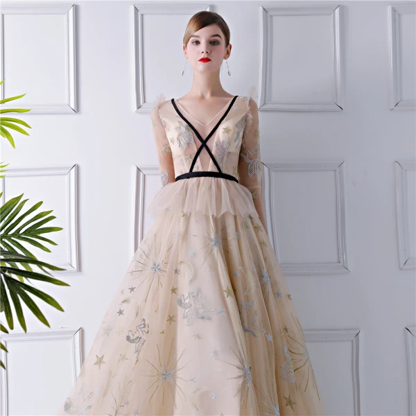 Sexy Beige See-through Evening Dresses 2019 A-Line / Princess V-Neck Long Sleeve Embroidered Floor-Length / Long Ruffle Backless Formal Dresses