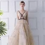 Sexy Beige See-through Evening Dresses  2019 A-Line / Princess V-Neck Long Sleeve Embroidered Floor-Length / Long Ruffle Backless Formal Dresses