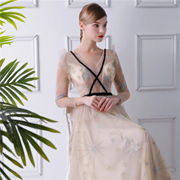 Sexy Beige See-through Evening Dresses 2019 A-Line / Princess V-Neck Long Sleeve Embroidered Floor-Length / Long Ruffle Backless Formal Dresses