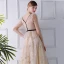 Sexy Beige See-through Evening Dresses  2019 A-Line / Princess V-Neck Long Sleeve Embroidered Floor-Length / Long Ruffle Backless Formal Dresses