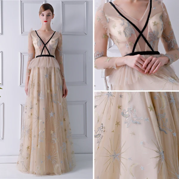 Sexy Beige See-through Evening Dresses 2019 A-Line / Princess V-Neck Long Sleeve Embroidered Floor-Length / Long Ruffle Backless Formal Dresses