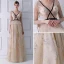 Sexy Beige See-through Evening Dresses  2019 A-Line / Princess V-Neck Long Sleeve Embroidered Floor-Length / Long Ruffle Backless Formal Dresses