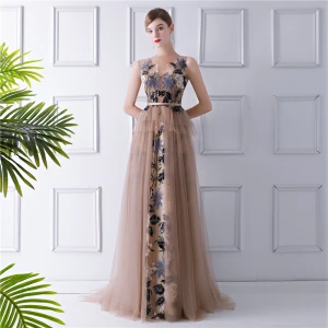 Charming Brown See Through Evening Dresses 2019 A Line Princess Scoop Neck Sleeveless Embroidered Sash Sweep Train Ruffle Formal Dresses