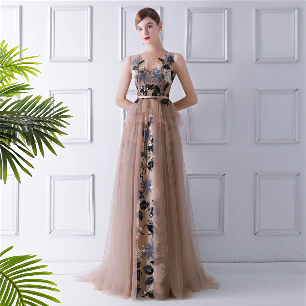 Charming Brown See Through Evening Dresses 2019 A Line Princess Scoop Neck  Sleeveless Embroidered Sash Sweep Train Ruffle Formal Dresses