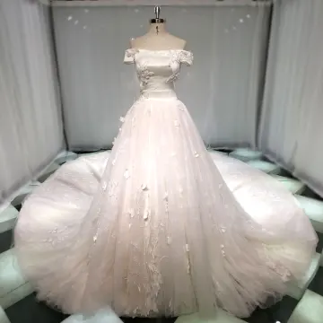 Meilleur Champagne Robe De Mariée 2019 Princesse De L 039 Épaule Manches Courtes Dos Nu Appliques En Dentelle Perle Paillettes Perlage Cathedral Train