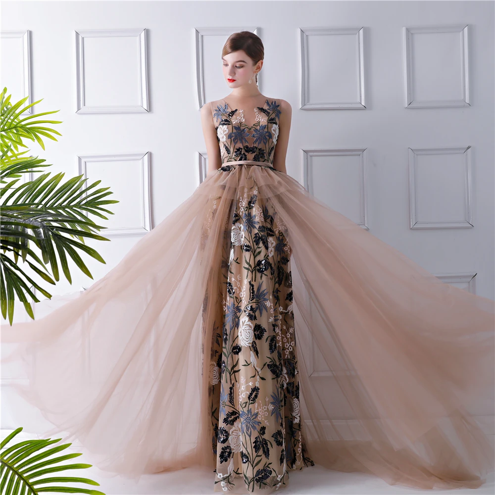 Charming Brown See Through Evening Dresses 2019 A Line Princess Scoop Neck  Sleeveless Embroidered Sash Sweep Train Ruffle Formal Dresses