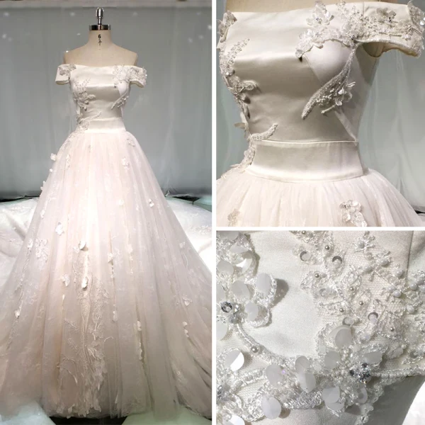 Meilleur Champagne Robe De Mariée 2019 Princesse De l'épaule Manches Courtes Dos Nu Appliques En Dentelle Perle Paillettes Perlage Cathedral Train