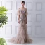 Glamour Tan Robe De Soirée 2019 Trompette / Sirène Bretelles Spaghetti Gonflée Manches Courtes Perlage Brodé Tribunal Train Volants en Cascade Dos Nu Robe De Ceremonie