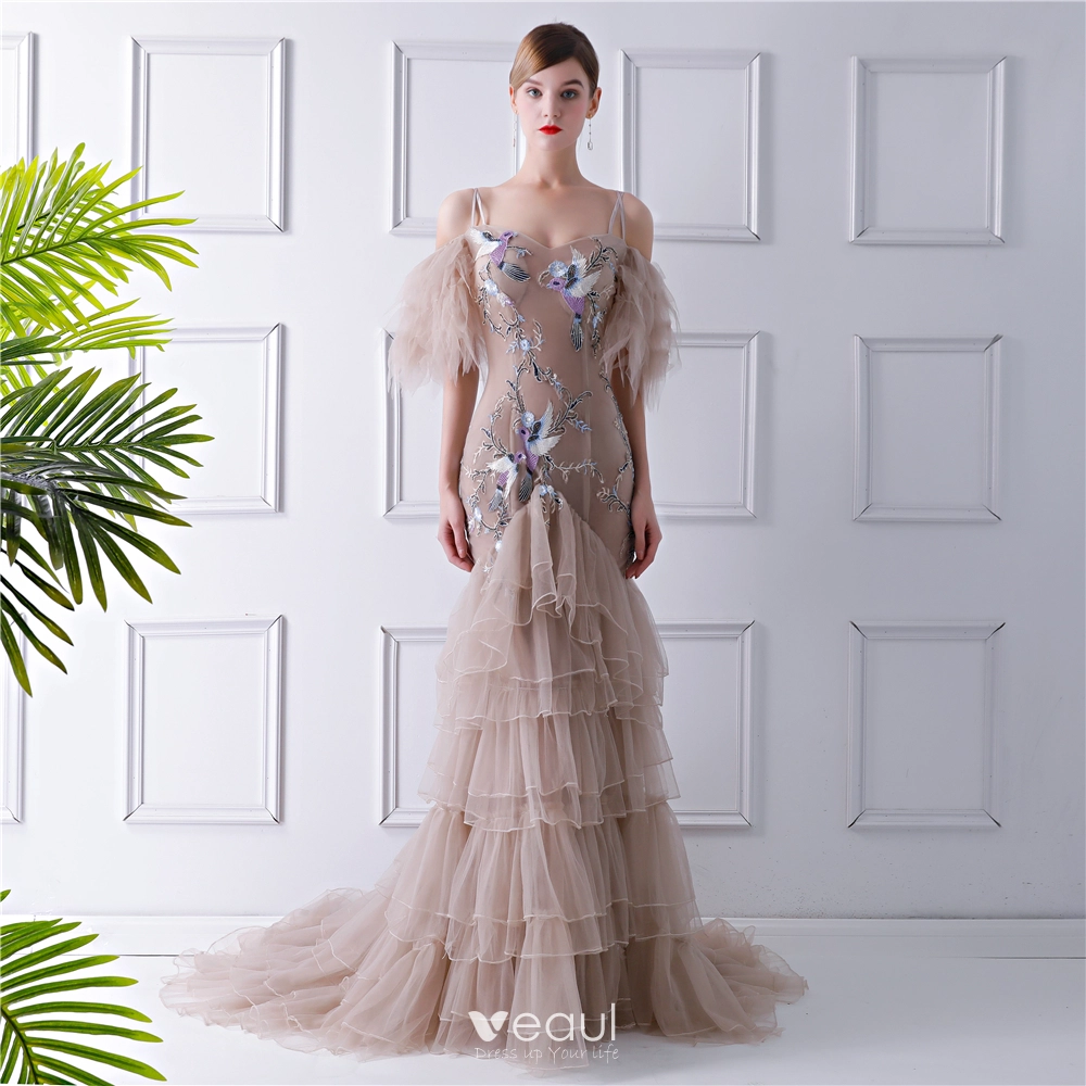 Glamorous Tan Evening Dresses 2019 Trumpet Mermaid Spaghetti Straps Puffy Short Sleeve Beading Embroidered Court Train Cascading Ruffles Backless Formal Dresses