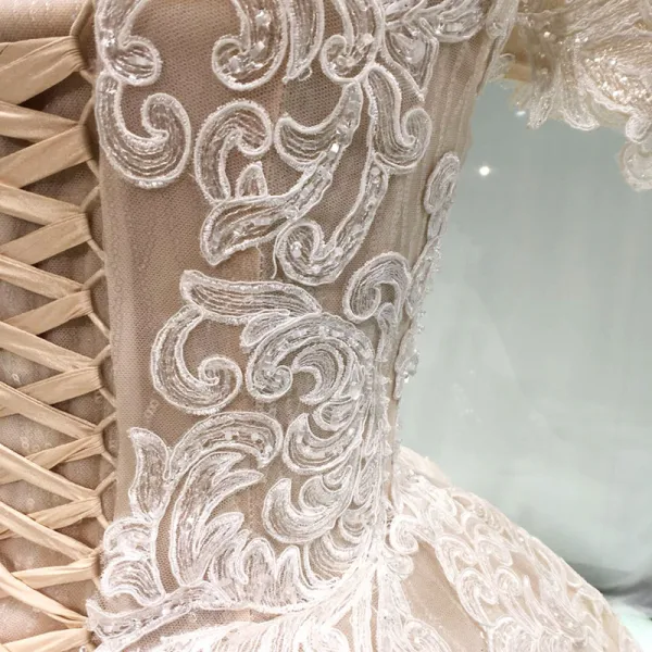 Stunning Champagne Wedding Dresses 2019 Princess Off-The-Shoulder Short Sleeve Backless Appliques Lace Beading Glitter Tulle Cathedral Train Ruffle