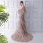 Glamour Tan Robe De Soirée 2019 Trompette / Sirène Bretelles Spaghetti Gonflée Manches Courtes Perlage Brodé Tribunal Train Volants en Cascade Dos Nu Robe De Ceremonie