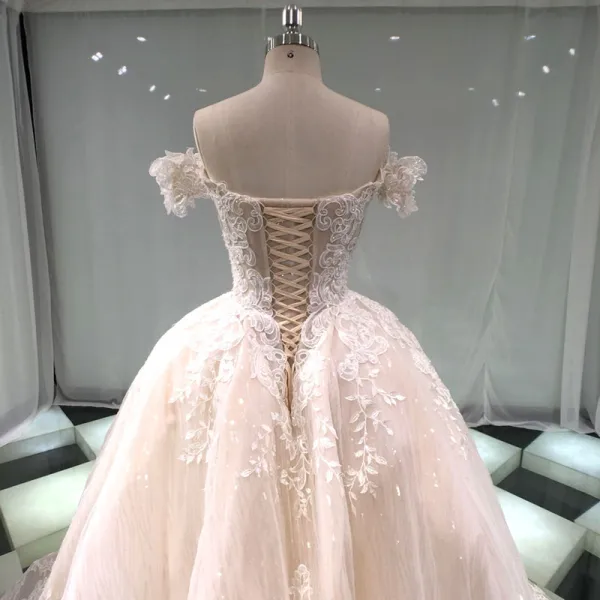 Stunning Champagne Wedding Dresses 2019 Princess Off-The-Shoulder Short Sleeve Backless Appliques Lace Beading Glitter Tulle Cathedral Train Ruffle