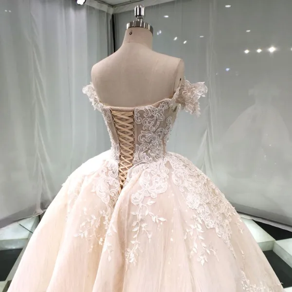 Stunning Champagne Wedding Dresses 2019 Princess Off-The-Shoulder Short Sleeve Backless Appliques Lace Beading Glitter Tulle Cathedral Train Ruffle