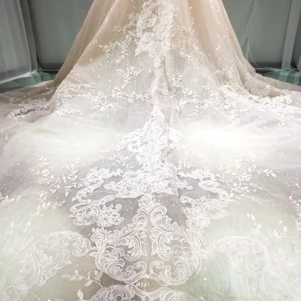 Stunning Champagne Wedding Dresses 2019 Princess Off-The-Shoulder Short Sleeve Backless Appliques Lace Beading Glitter Tulle Cathedral Train Ruffle